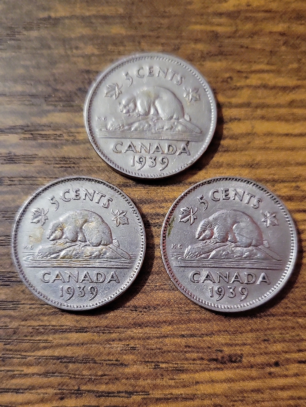 Vintage 1939 Canada 5 Cent Nickel Coins- Silver Tone (Set of 3)